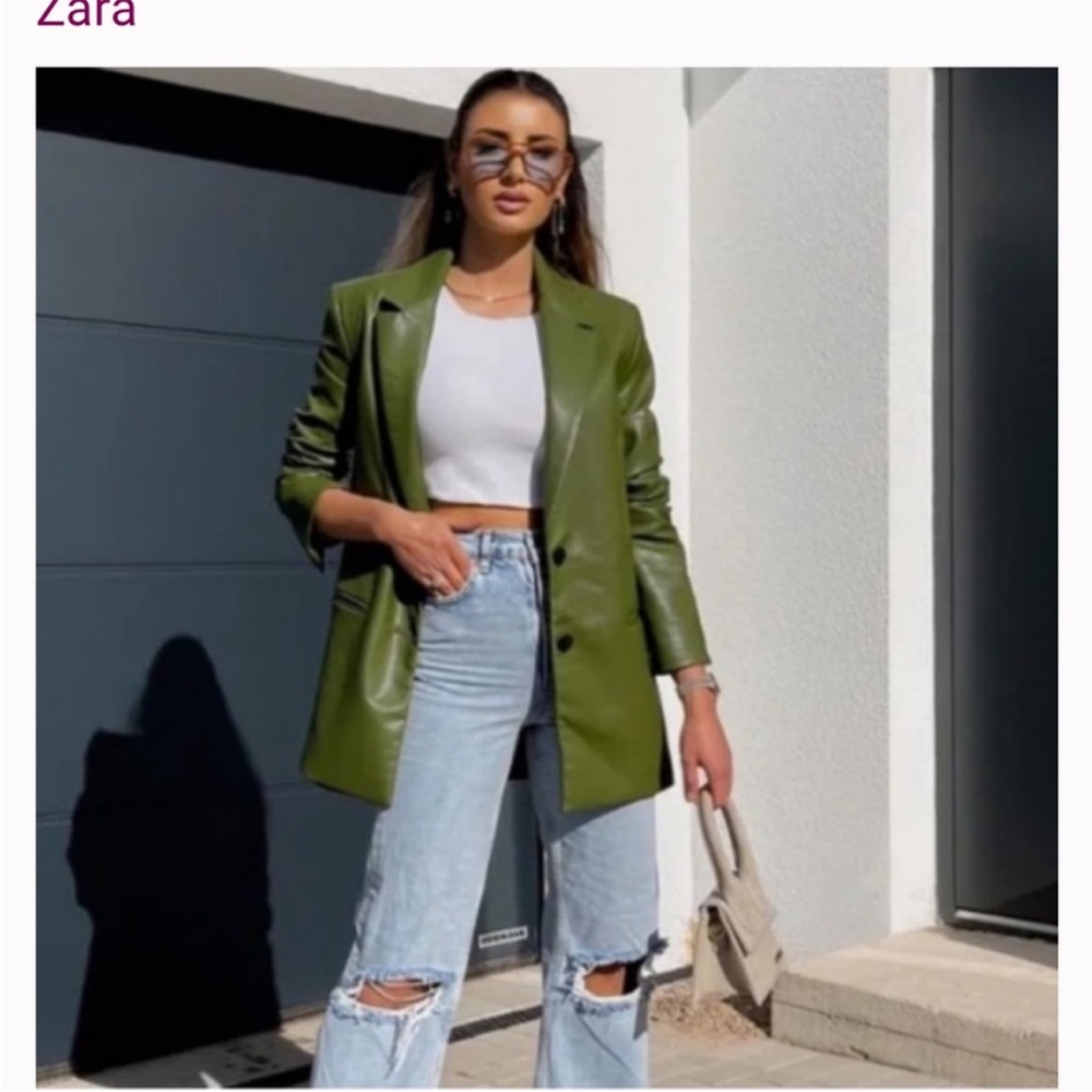 Zara Blogger Favorite Faux Leather Jacket Blazer Green